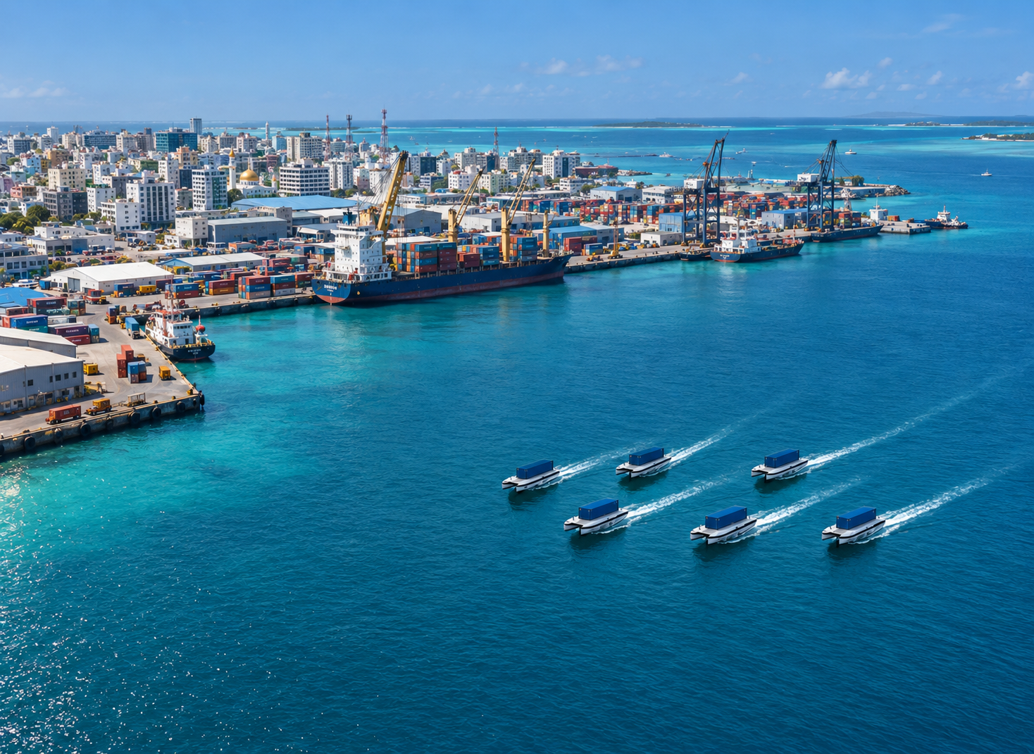 Fleet of Fly-Box World autonomous cargo vessels navigating near an island port