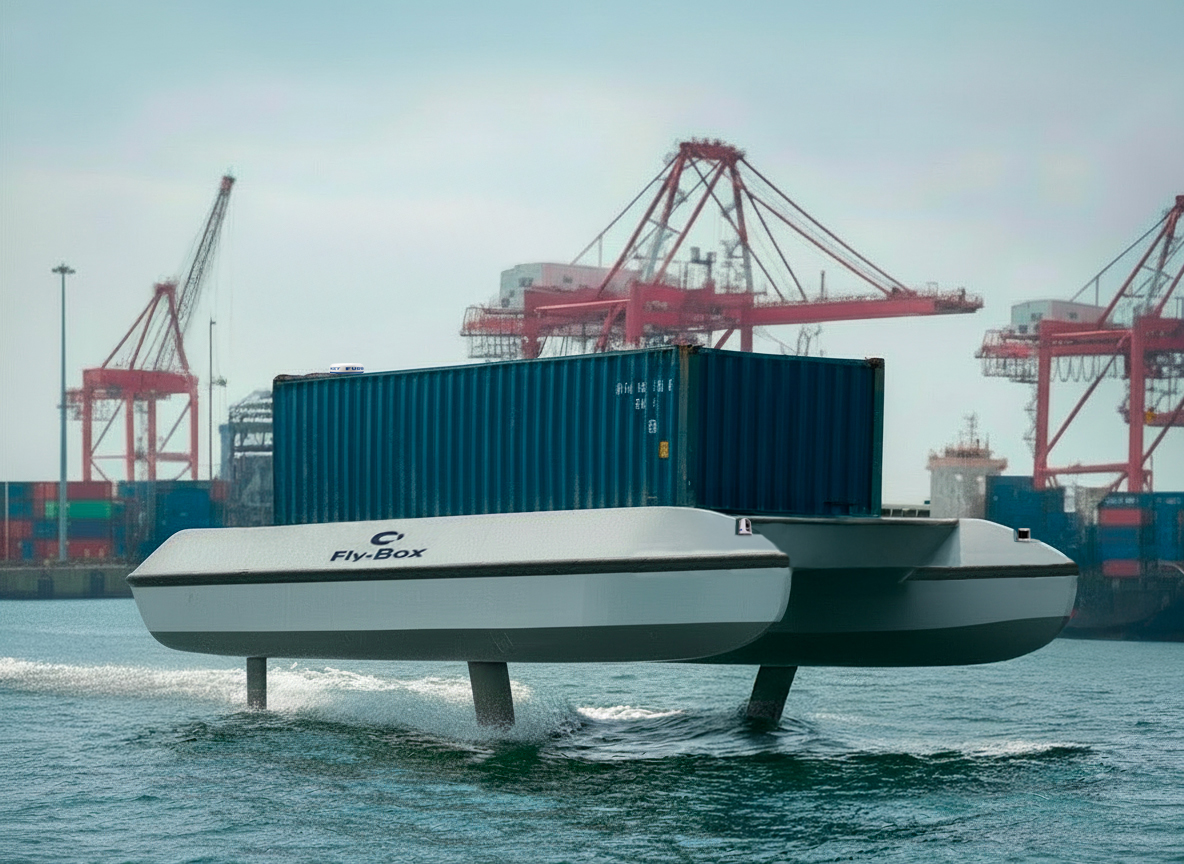 Fly-Box World autonomous hydrofoil cargo vessel in a commercial port